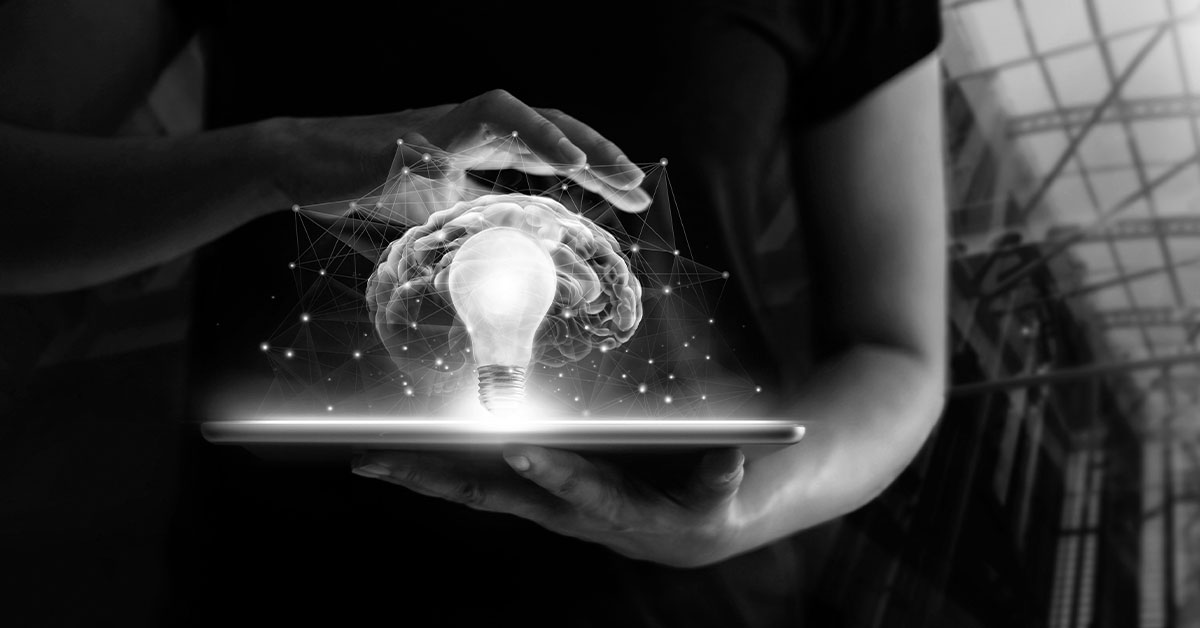 Human holding tablet with light bulb future technology, brain and network connection communication background, science, innovation and creative