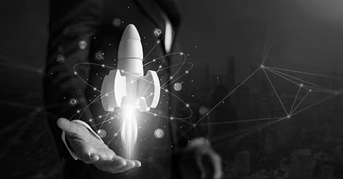 Businessman control white rocket is launching to sky for growth business