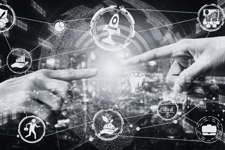 Technology Innovation graphic Two pointing fingers connecting within data and technology graphics