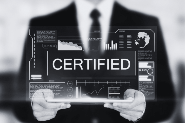 Man holding digital screen with the word certified