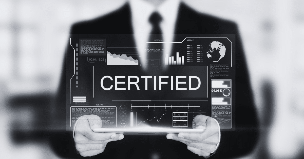 Man holding digital screen with the word certified