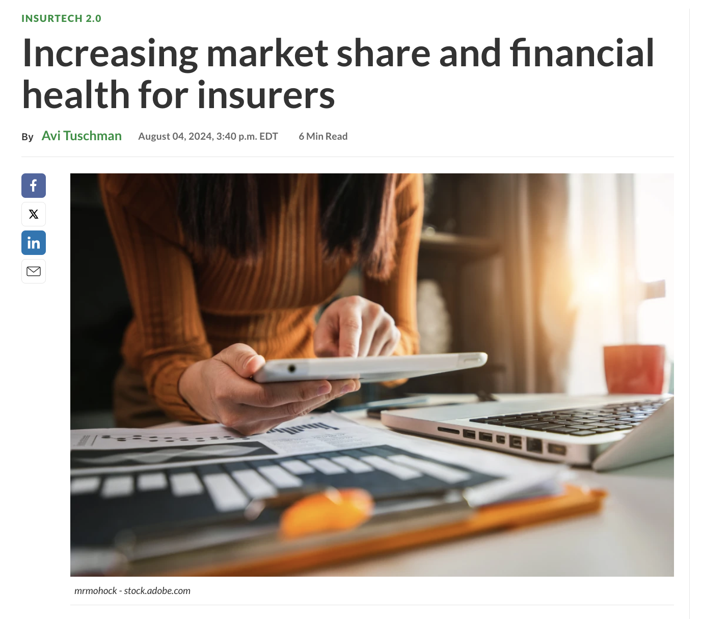 Digital Insurance article featured image of woman on multiple devices and headline of Avi Tuschman article